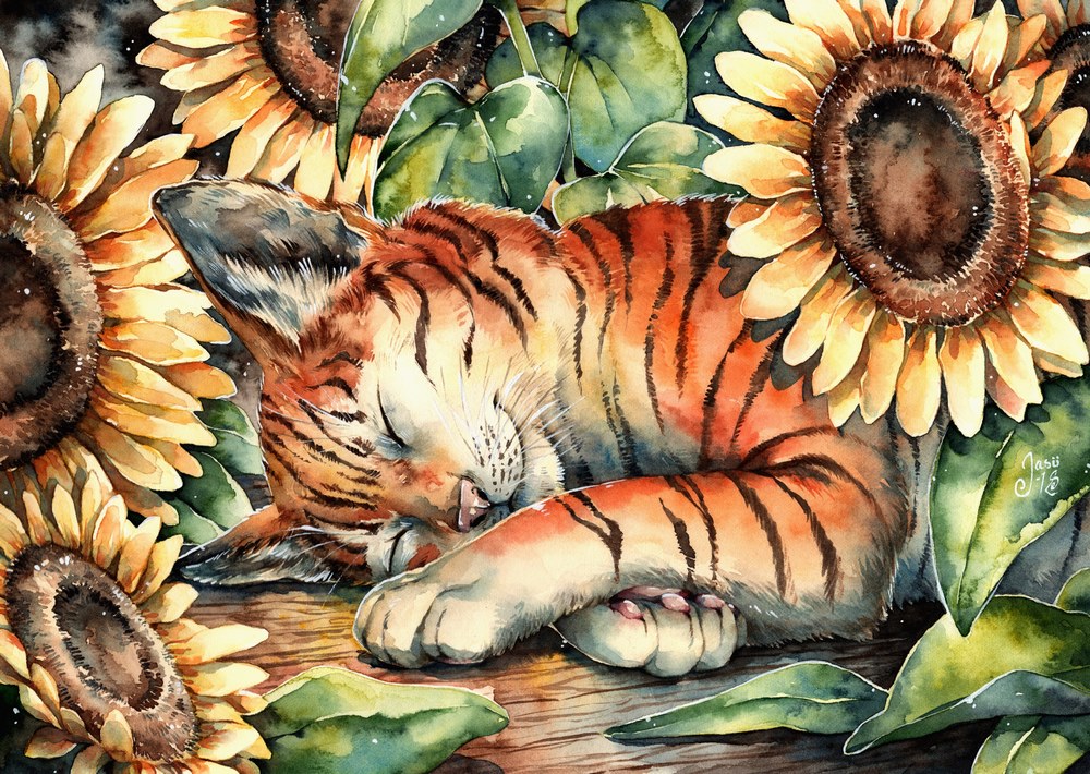 Original Painting - Cat with Sunflowers